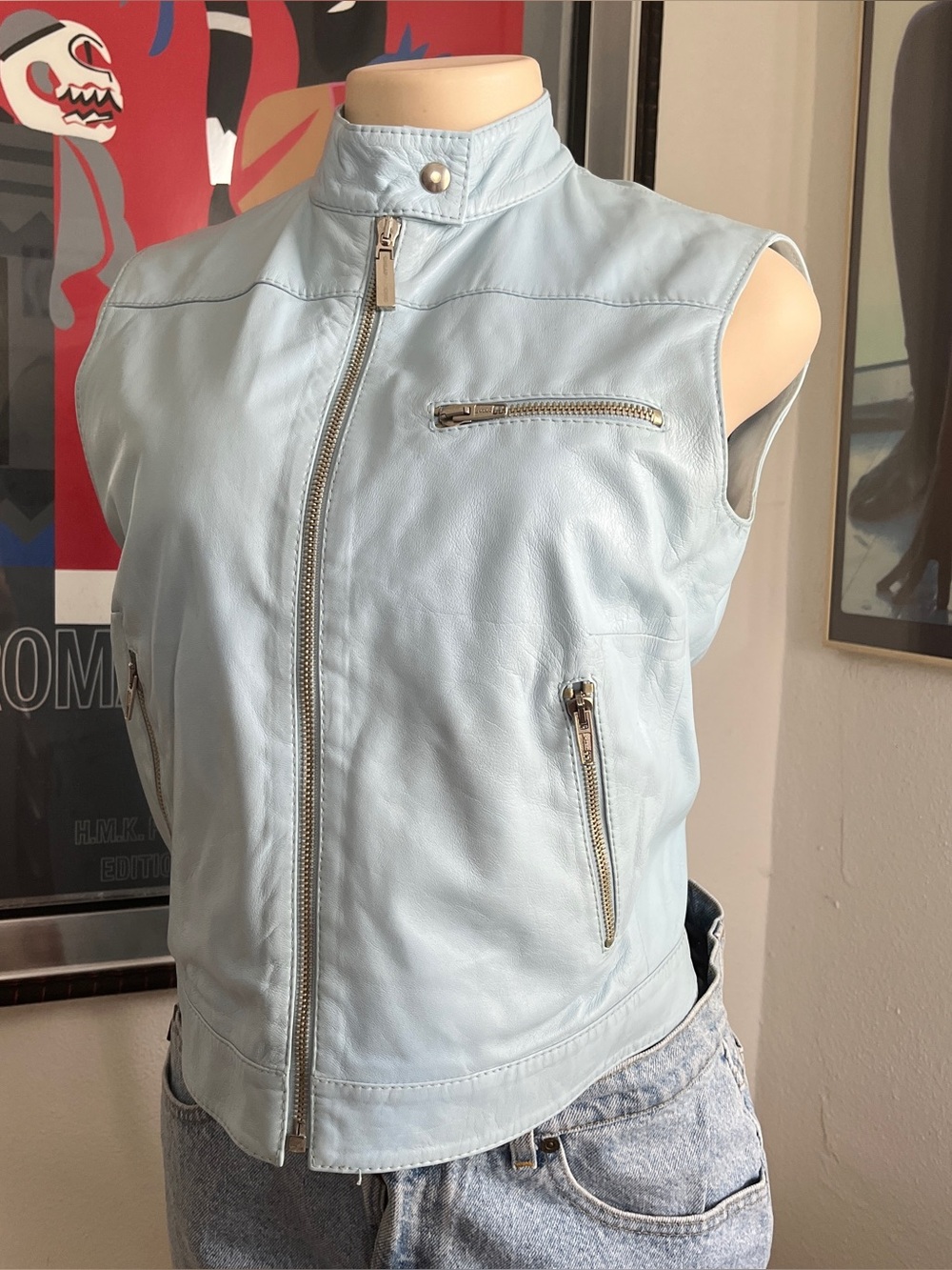 Vintage Y2Ks Moschino Chesp and Chick Baby Blue Leather Vest Size 8